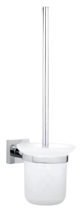 tesa HUKK WC-Garnitur, satiniertes Glas und verchromter Edelstahl - Toilettenbürsten-Set zur Wandbefestigung ohne Bohren, inkl. Klebelösung - 115mm x 390mm x 165mm