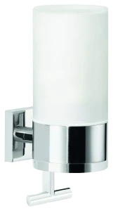 tesa DELUXXE Seifenspender-Set, Milchglas und verchromtes Metall - Flüssigseifenspender zur Wandbefestigung ohne Bohren, inkl. Klebelösung - 73mm x 192mm x 115mm