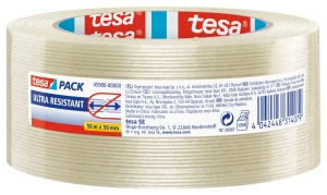 tesapack Ultra Resistant Filamentband - Ultra starkes Premium-Klebeband, glasfaserverstärkt - für schwere Kartons bis zu 30 kg und zur Transportsicherung - 50 m x 50 mm - Transparent